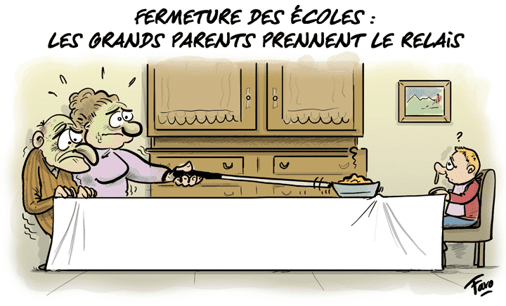 Dessin Humoristique: grands parents gardent enfant coronavirus