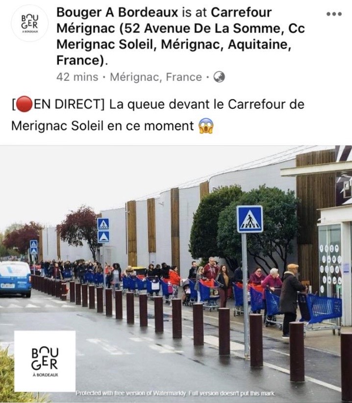 Queue à Carrefour Merignac avant le confinement