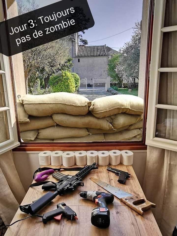 Armes, sacs entre fenêtres, PQ - attaque de zombie en confinement