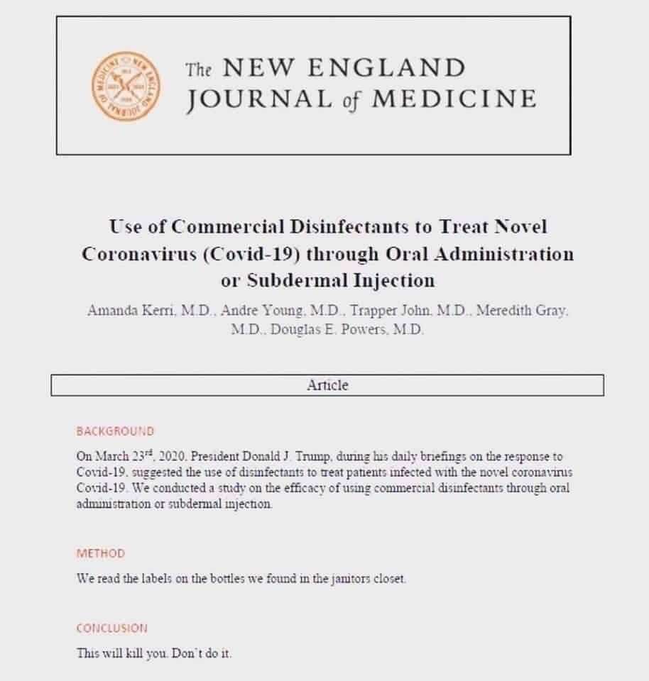 The New England Journal of Médecine - Humour : Eau de Javel et Coronavirus - Résultat de l'Etude - Coronavirus et confinement en France 2020